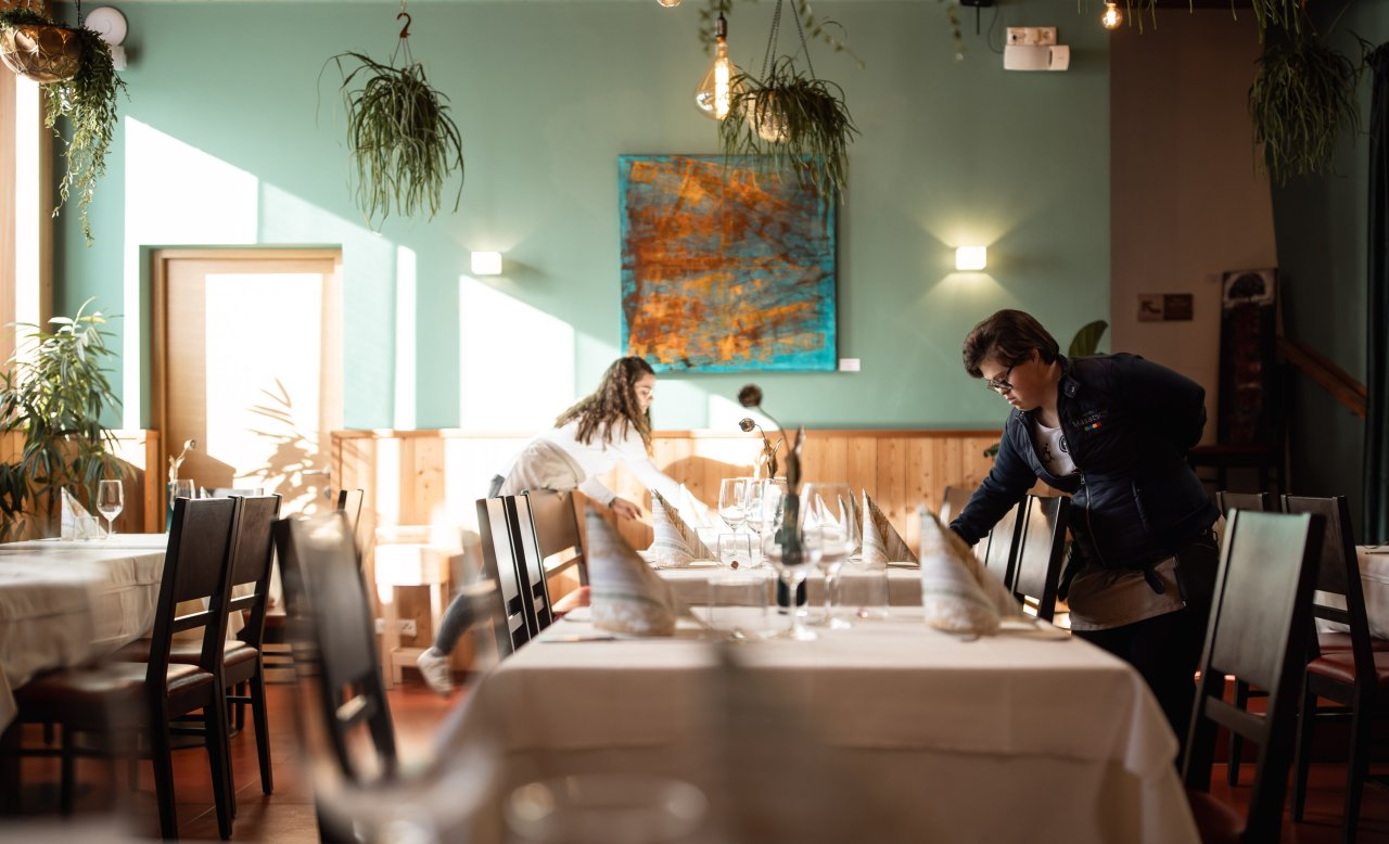 Interior view of Masatsch restaurant with set tables