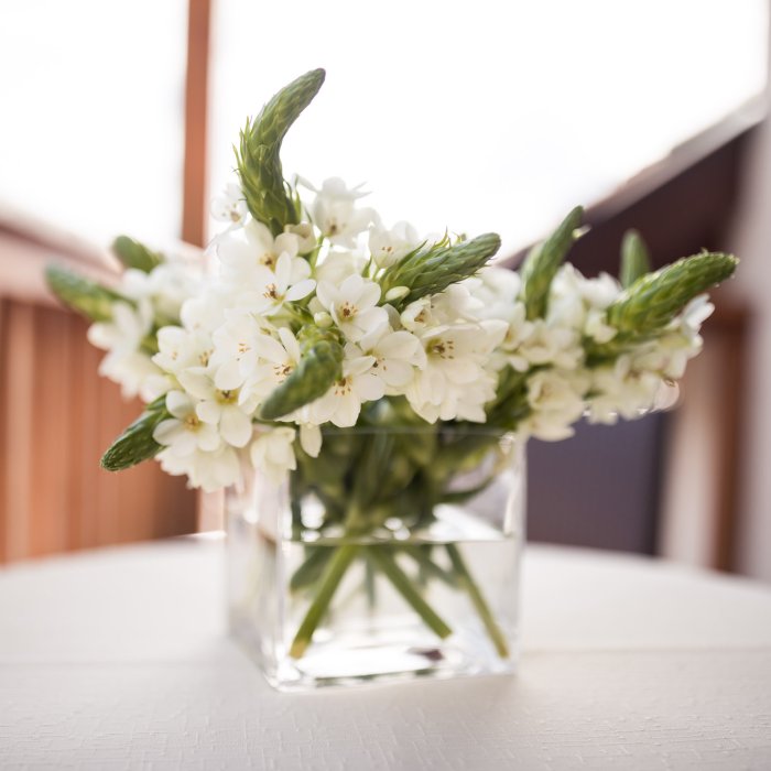 Glasvase mit frischen weißen Blumen im Hotel Masatsch